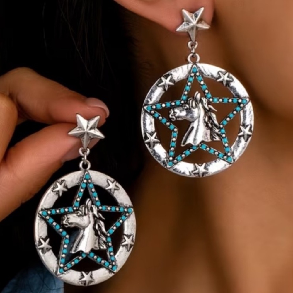 Texas Star - Western Horse Star Dangle Earrings | Turquoise Look Cowgirl Boho